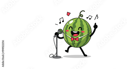 Happy watermelon character wearing a red bowtie is singing into a microphone on a stand with musical notes floating around on a background.