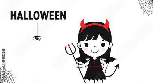 Little girl in a cute devil costume with red horns and a tail holds a pitchfork for halloween against a white background with decorative web.