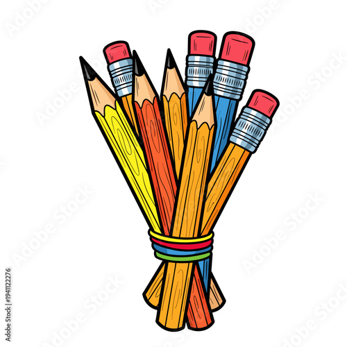 Colorful sketch of a pencil bundle tied together with rubber bands, isolated on a white background