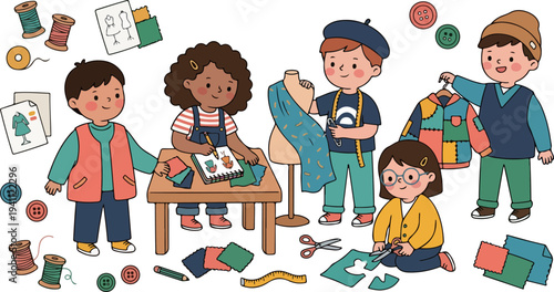 Kid fashion designer character holding sketchbook cartoon illustration