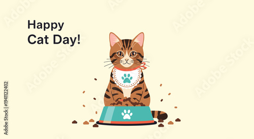 Celebration of international cat day features a cute tabby kitten sitting patiently behind its food bowl on a light background with message.