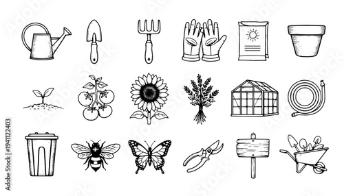 Gardening tool icon set and greenhouse items vector engraving style on white isolated background for hobby banner design