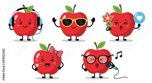 Set of five red apple characters with different personalities includes one with headphones sunglasses flowers and a microphone for designs.