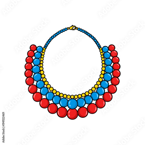 Vibrant beaded collar necklace featuring red, blue, and yellow beads, isolated on a white background