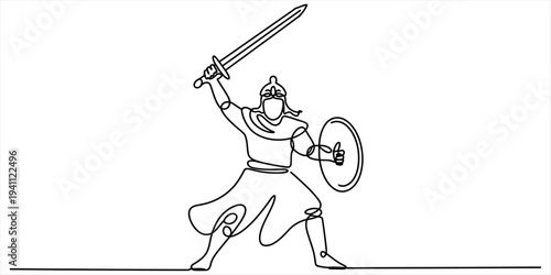 Minimal one line drawing warrior holding sword and shield vector