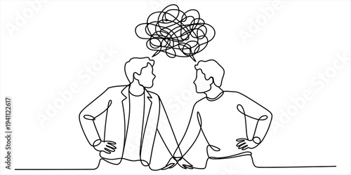 Minimal one line drawing couple arguing with scribble stress symbol