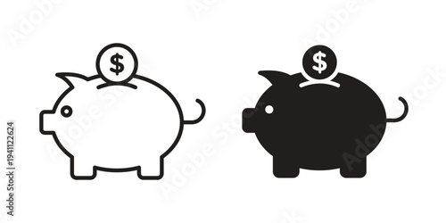 Piggy bank icon, line pictogram on white.