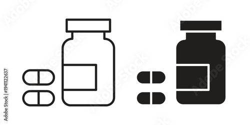 Pill bottle icon, line pictogram on white.