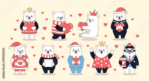 Collection of cute polar bears in various romantic outfits and poses is designed for valentines day and winter holiday greetings with hearts.