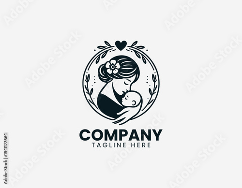 Loving mother kissing newborn baby with floral frame in clean modern motherhood vector illustration