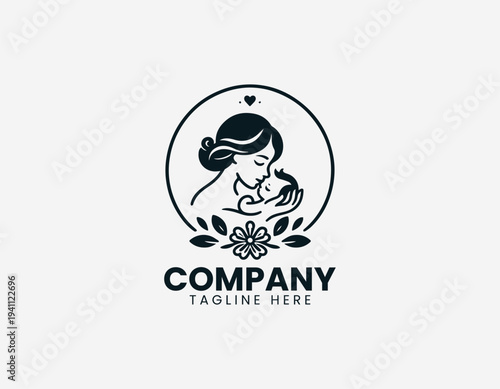 Loving mother kissing newborn baby with floral frame in clean modern motherhood vector illustration