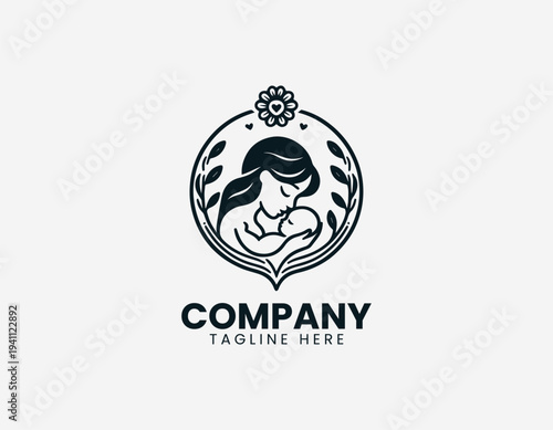 Loving mother kissing newborn baby with floral frame in clean modern motherhood vector illustration