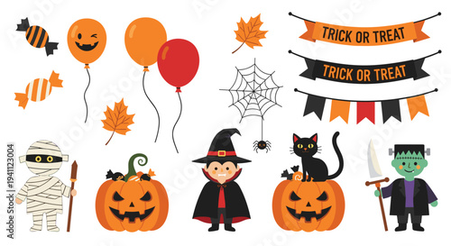 Comprehensive set of halloween icons and characters includes kids in costumes pumpkins ghosts candy and festive banners for holiday season.