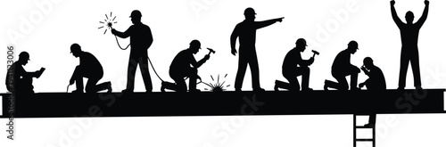 Construction workers silhouettes performing welding, hammering and building tasks on steel beam, industrial labor teamwork concept, engineering and construction site workers vector illustration
