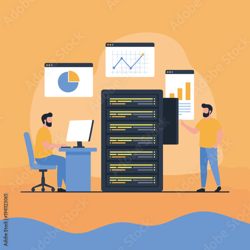 Data center server management with IT specialists analyzing charts and system performance, cloud computing database technology and network infrastructure monitoring vector illustration