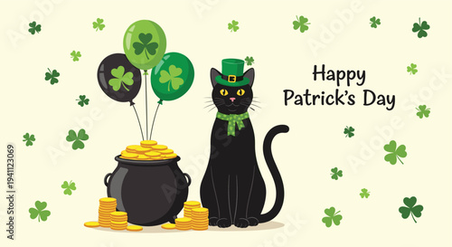 Black cat wearing a leprechaun hat and green scarf sits next to a pot of gold and shamrock balloons for a happy st patricks day celebration.