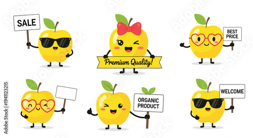 Set of yellow apple characters promotes products with signs for sale organic product best price and a welcome message for a retail business.