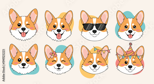 Set of eight cute corgi dog heads shows various facial expressions and accessories like sunglasses a party hat and flowers on color circles.