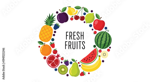 Colorful wreath made of assorted fresh fruits includes pineapple apple watermelon grapes and berries on a white background for design themes.