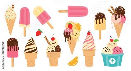 Large collection of delicious ice cream cones popsicles and frozen treats in various flavors and styles for summer.
