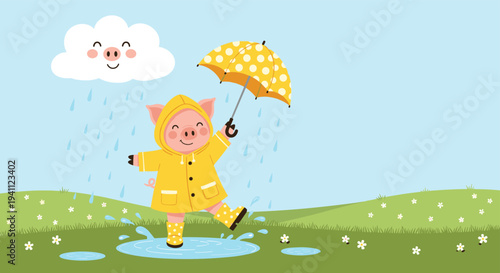 Adorable pig wearing a yellow raincoat and boots jumping in a water puddle under a smiling rain cloud in a green field.