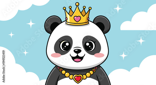 Royal panda character wearing a golden crown with hearts and a matching necklace against a blue sky with white clouds.