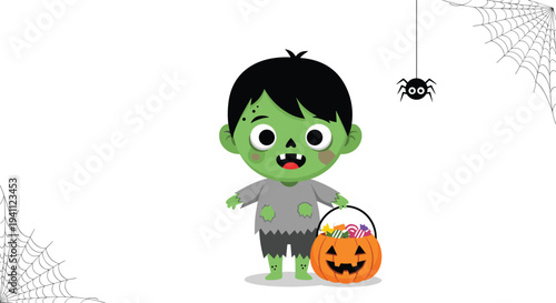 Cute little boy dressed in a zombie costume holding a pumpkin bucket full of candy for a fun Halloween night out.