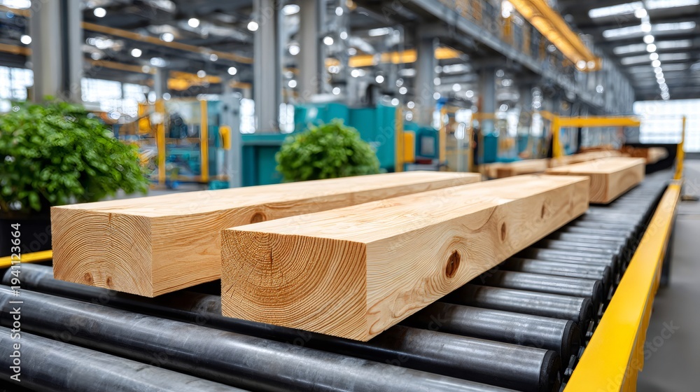 Fototapeta premium Wood planks moving on conveyor belt in factory