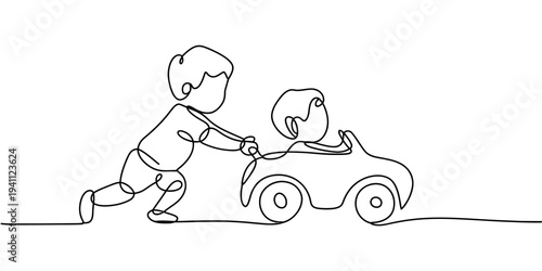 Minimal one line drawing boy pushing toy car childhood play