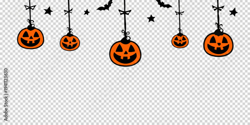 Halloween decorations featuring orange jack o lanterns hanging from above