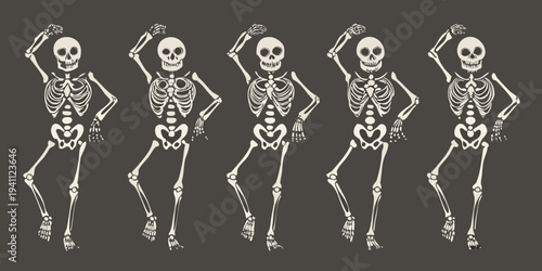 Five dancing skeletons cheerfully pose in a row on a dark background