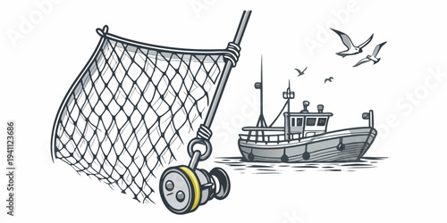 A vintage illustration depicts a fishing boat with a large landing net