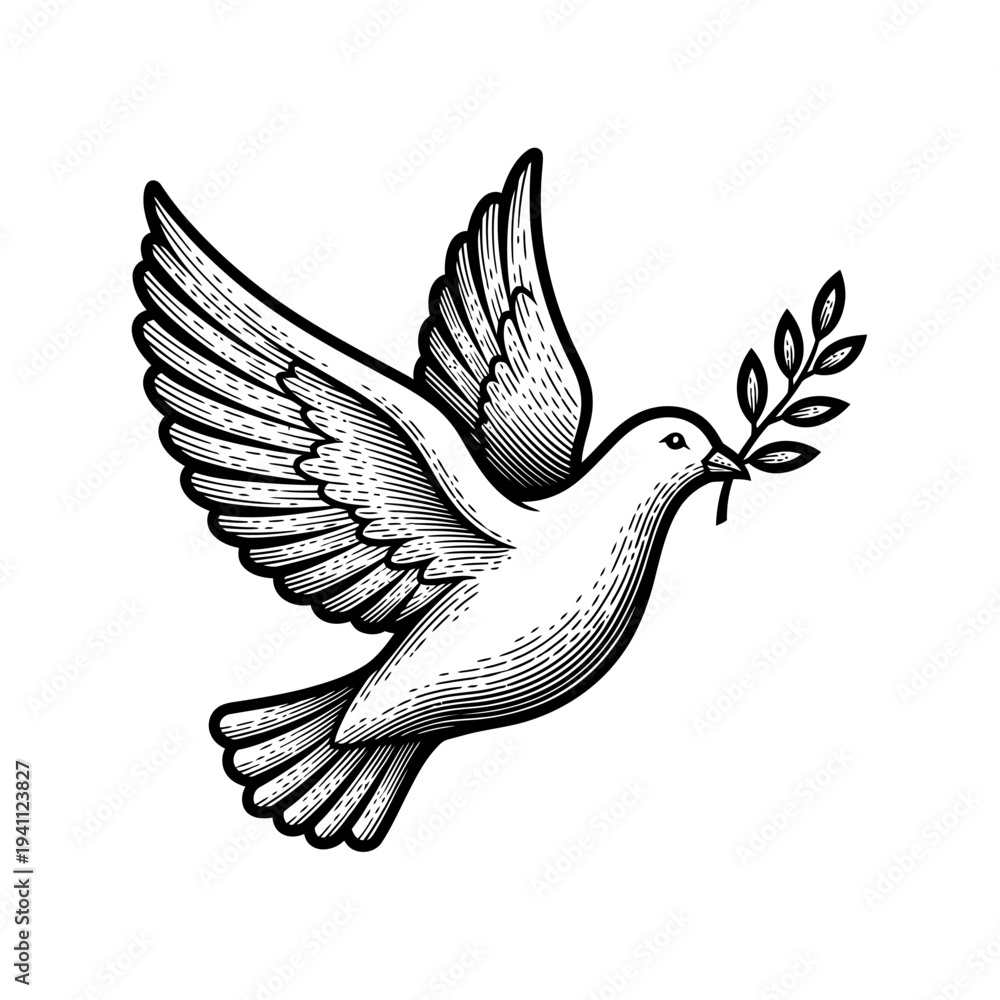 Fototapeta premium Dove Flying with an Olive Branch Symbol of Peace and Hope