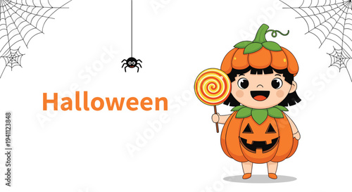 Happy little girl dressed as a pumpkin and holding a large swirl lollipop for a fun and sweet Halloween celebration.