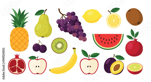 Extensive collection of diverse fruits and fruit slices including pineapple pear grapes lemon kiwi banana and watermelon.