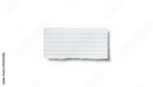 Minimal blank office note paper tag, horizontal ruled lines, torn uneven edges, centered composition, isolated on white background