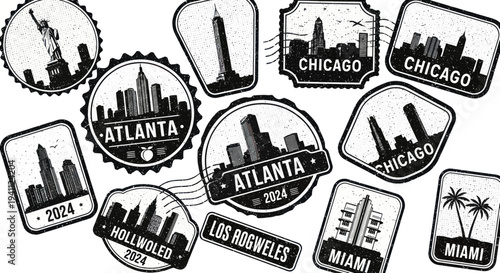 Cityscape Travel Stamps: New York, Chicago, Atlanta, Miami, Hollywood, Los Angeles