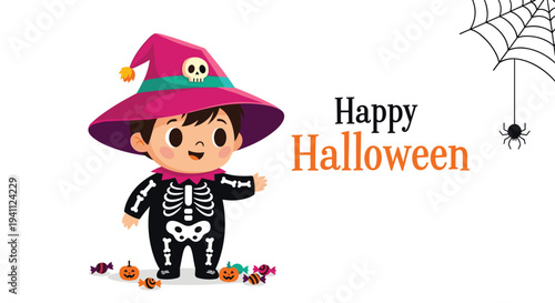 Adorable little boy dressed in a skeleton costume and witch hat celebrating Halloween with scattered candies and spiders.