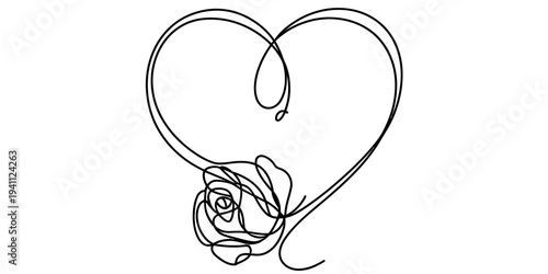 Minimal one line drawing heart shape with rose love concept