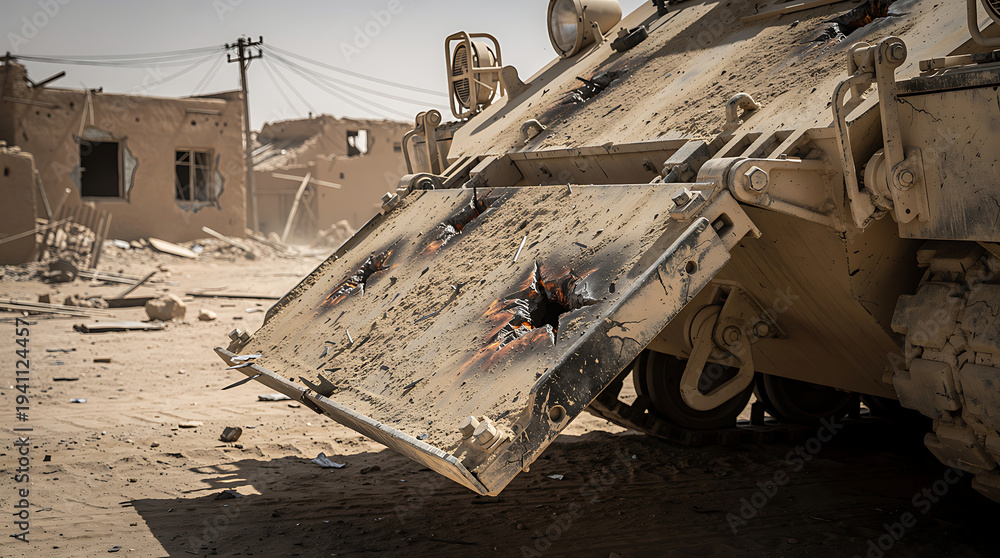 Fototapeta premium destroyed military tank in desert war zone landscape