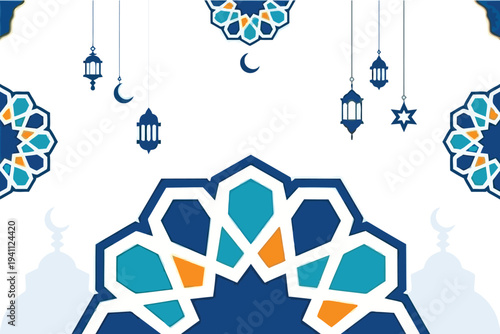 Islamic geometric pattern background with hanging lanterns, crescent moon, and faint mosque silhouettes