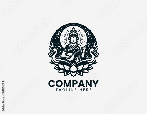 Seated female deity playing classical instrument on lotus with swan in clean modern cultural vector illustration