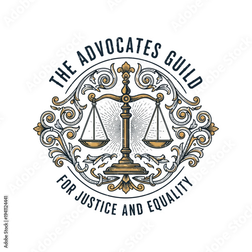 Justice Advocates Guild Emblem with Vintage Ornate Scales and Elegant Curved Typography