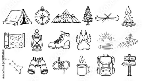 Camping outdoor icon set and adventure gear vector engraving style on white isolated background for travel badge design