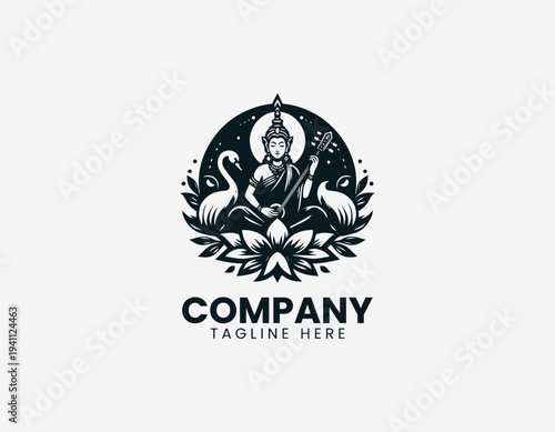 Seated female deity playing classical instrument on lotus with swan in clean modern cultural vector illustration