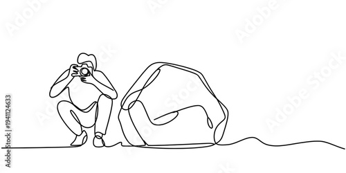 Minimal one line drawing photographer taking picture of car concept