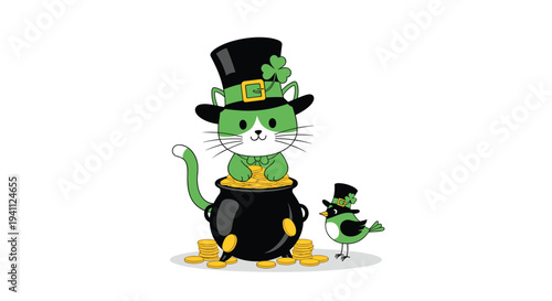 Adorable cat and little bird wearing leprechaun hats with a pot of gold coins celebrating Saint Patricks Day on white background.