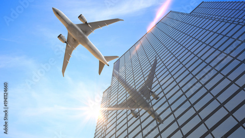 Airplane Flying Over Financial District Skyscraper Reflection