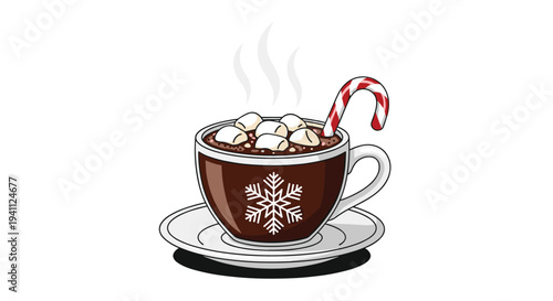 Mug of delicious hot chocolate topped with marshmallows and a candy cane featuring snowflake decoration on white background.