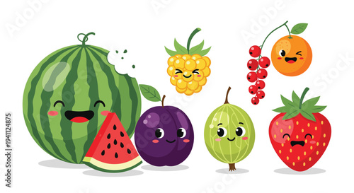 Group of cute fruit characters including watermelon, plum, raspberry, orange, and strawberry with happy faces on white background.